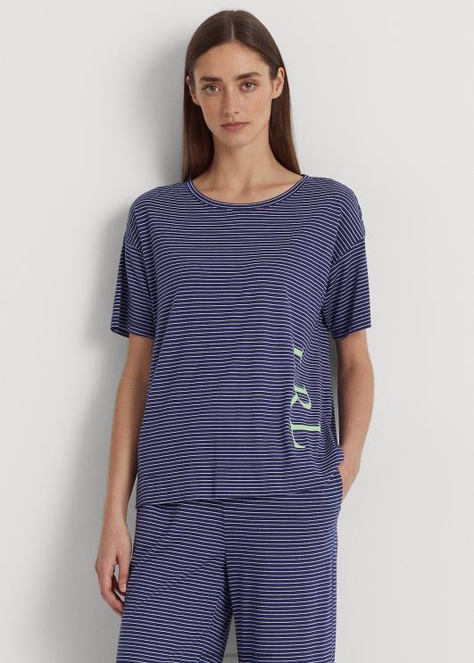 Ralph Lauren naised logoga triibuline jersey pidžaamakomplekt PR0V9418 mereväe triip