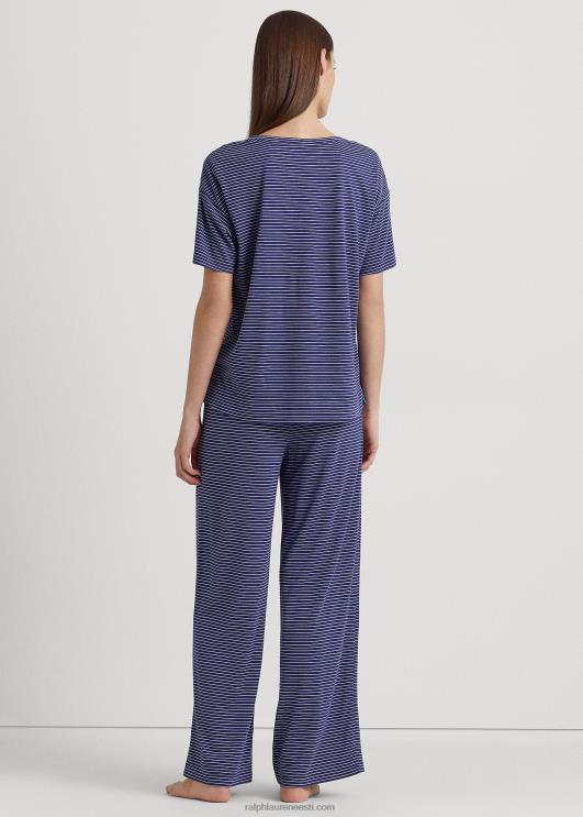 Ralph Lauren naised logoga triibuline jersey pidžaamakomplekt PR0V9418 mereväe triip