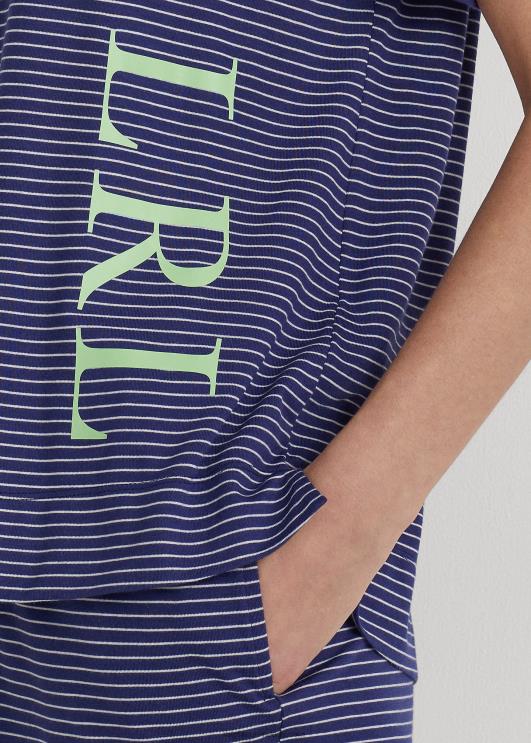Ralph Lauren naised logoga triibuline jersey pidžaamakomplekt PR0V9418 mereväe triip