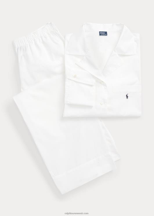 Ralph Lauren naised pikkade varrukatega popliinist pidžaamakomplekt PR0V3013 valge pilv