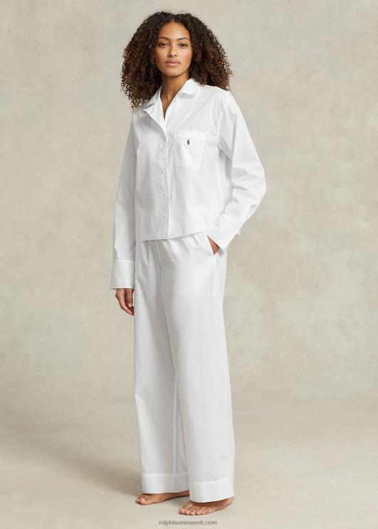 Ralph Lauren naised pikkade varrukatega popliinist pidžaamakomplekt PR0V3013 valge pilv
