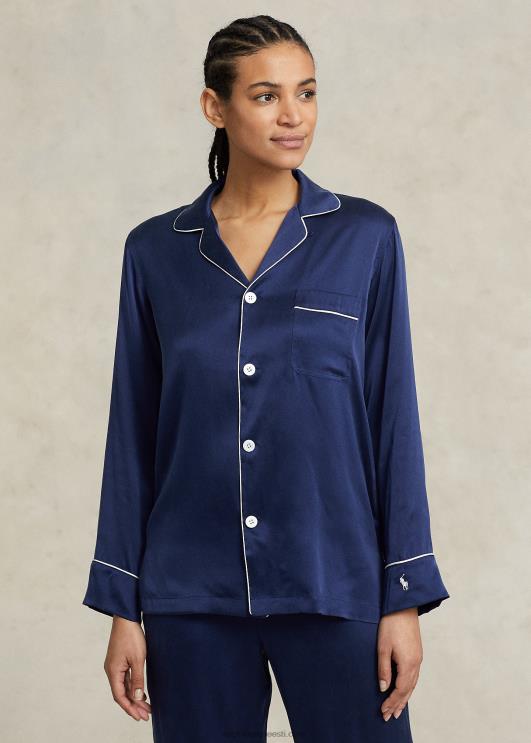 Ralph Lauren naised pikkade varrukatega veniv siidist pidžaamakomplekt PR0V3008 merevägi