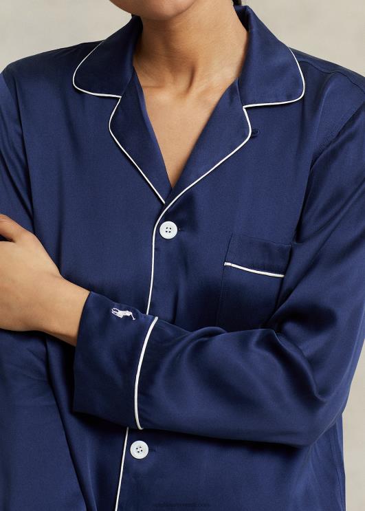 Ralph Lauren naised pikkade varrukatega veniv siidist pidžaamakomplekt PR0V3008 merevägi