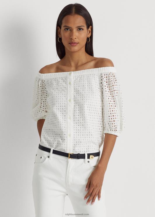 Ralph Lauren naised aasaga puuvillane õlgadeta pluus PR0V4366 valge