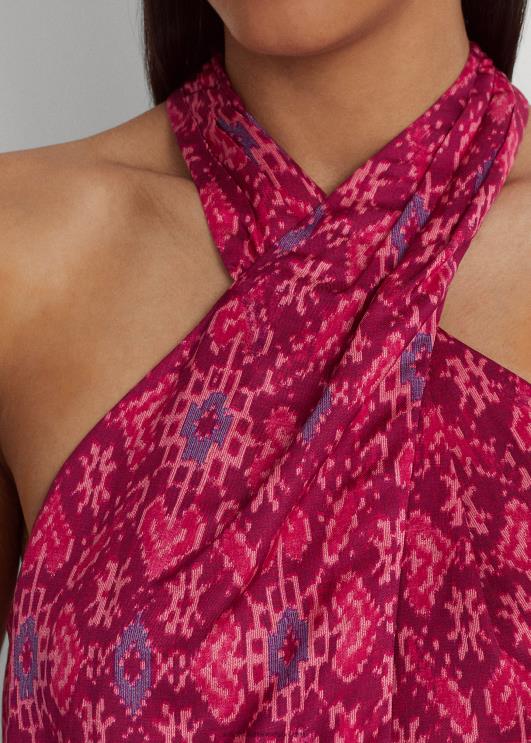 Ralph Lauren naised geo-print shantung päitsetega pluus PR0V3814 fuksia multi