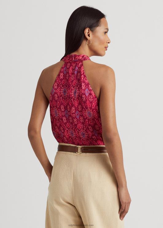 Ralph Lauren naised geo-print shantung päitsetega pluus PR0V4301 fuksia multi