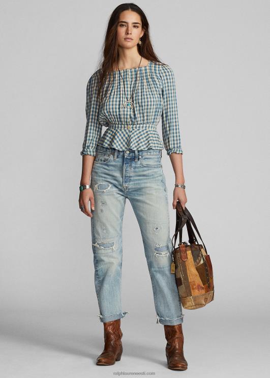 Ralph Lauren naised gingham voile peplum pluus PR0V3637 kreem/sinine