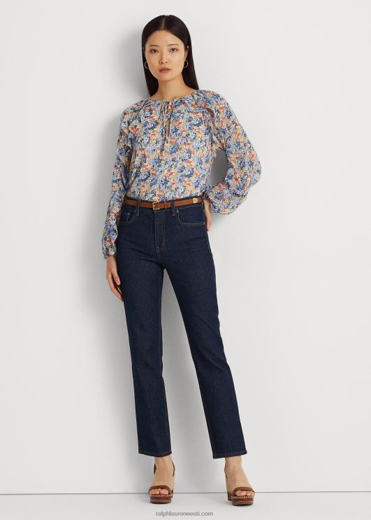 Ralph Lauren naised lilleline kortsus georgette lipsukaelusega pluus PR0V3984 sinine/roosa multi