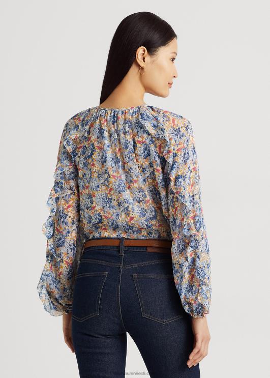 Ralph Lauren naised lilleline kortsus georgette lipsukaelusega pluus PR0V3984 sinine/roosa multi