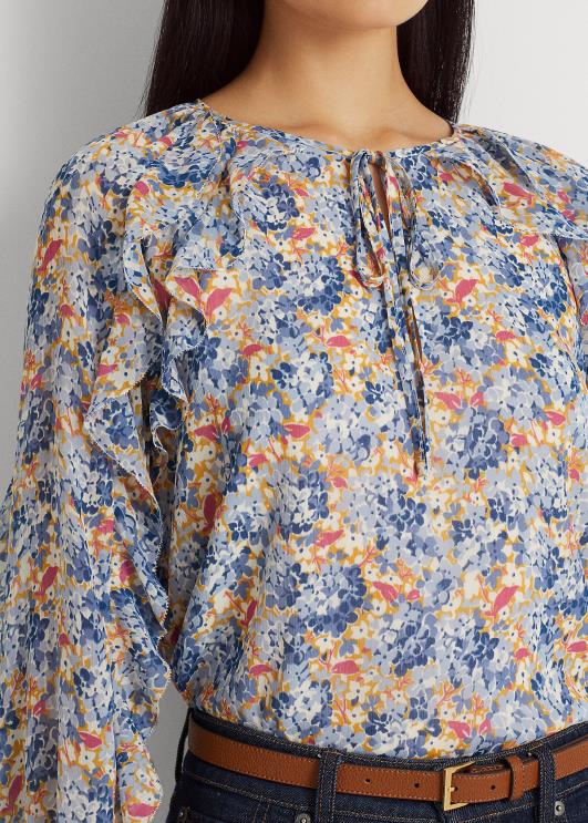 Ralph Lauren naised lilleline kortsus georgette lipsukaelusega pluus PR0V3984 sinine/roosa multi