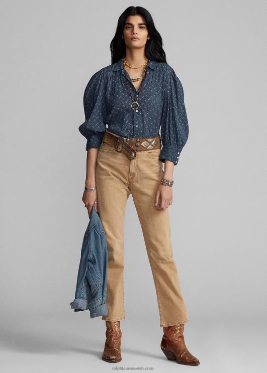 Ralph Lauren naised lilleline kortsus puuvillane voile pluus PR0V3652 sinine