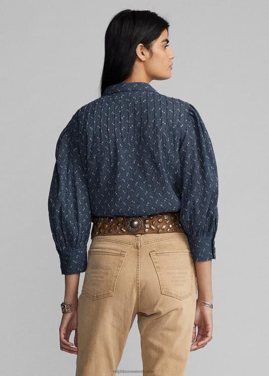 Ralph Lauren naised lilleline kortsus puuvillane voile pluus PR0V3652 sinine