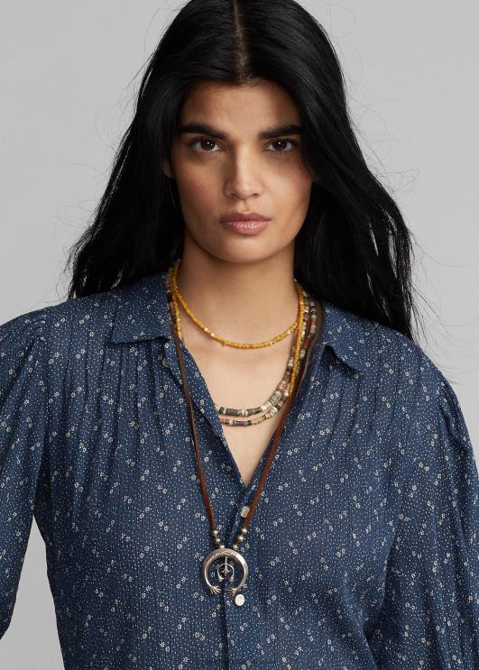 Ralph Lauren naised lilleline kortsus puuvillane voile pluus PR0V3652 sinine