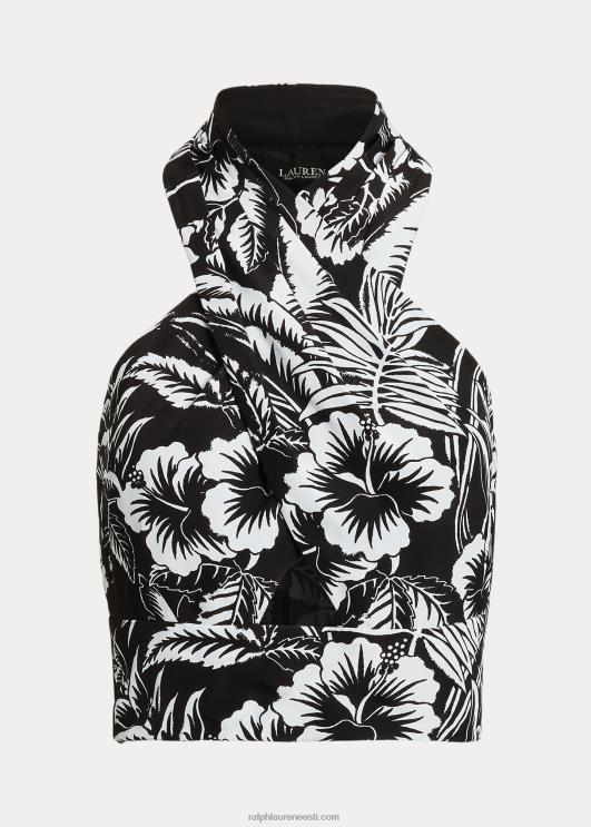 Ralph Lauren naised lilleline krepp kärbitud päitsetega pluus PR0V3871 must valge