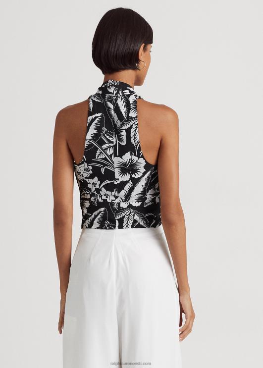 Ralph Lauren naised lilleline krepp kärbitud päitsetega pluus PR0V3871 must valge