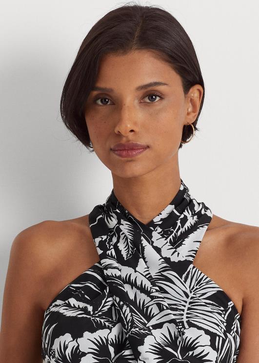 Ralph Lauren naised lilleline krepp kärbitud päitsetega pluus PR0V3871 must valge