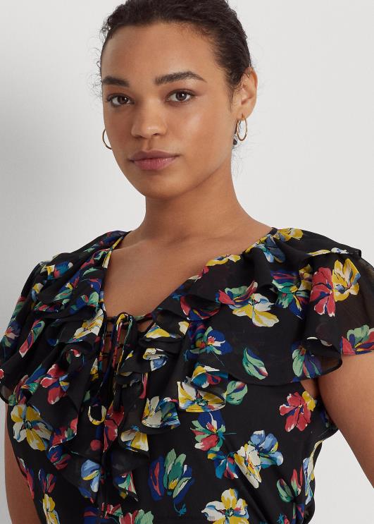 Ralph Lauren naised lilleline volangidega žoržettpluus PR0V4557 must multi