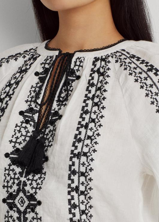 Ralph Lauren naised tikitud linane pluus PR0V3869 valge must