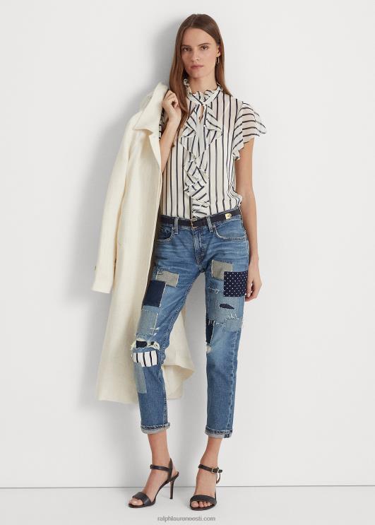 Ralph Lauren naised triibuline volangidega šifoonpluus PR0V4390 pärgamentkreem/meresest