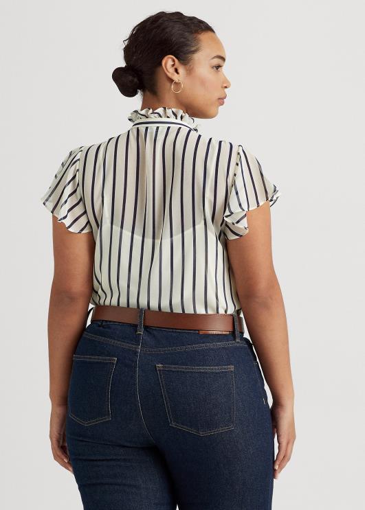 Ralph Lauren naised triibuline volangidega šifoonpluus PR0V4655 pärgamentkreem/meresest