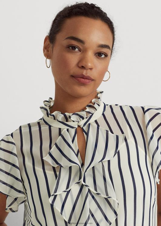 Ralph Lauren naised triibuline volangidega šifoonpluus PR0V4655 pärgamentkreem/meresest