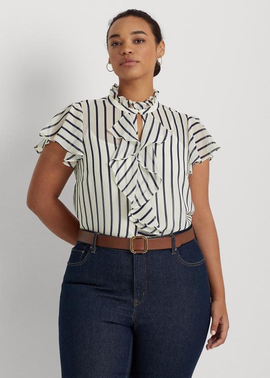 Ralph Lauren naised triibuline volangidega šifoonpluus PR0V4655 pärgamentkreem/meresest