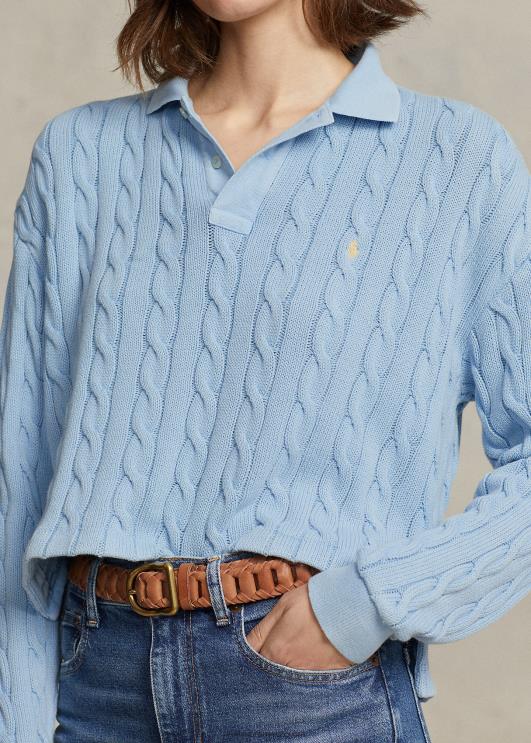 Ralph Lauren naised kaabliga puuvillane polosärk PR0V3174 pulber sinine