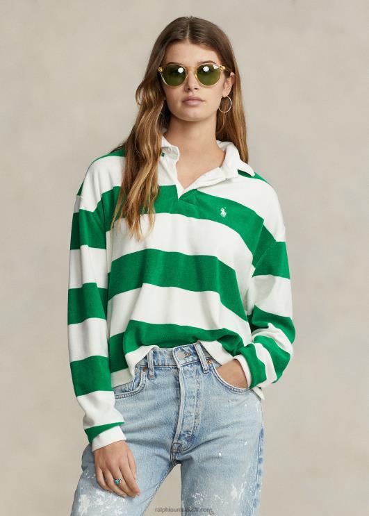 Ralph Lauren naised triibuline kärbitud trikoo ragbi särk PR0V2935 piljard/tekipesu valge