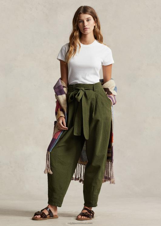 Ralph Lauren naised ülisuured puuvillased seersucker püksid PR0V9192 oliiv