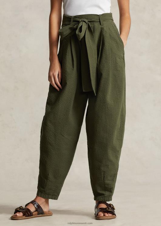Ralph Lauren naised ülisuured puuvillased seersucker püksid PR0V9192 oliiv