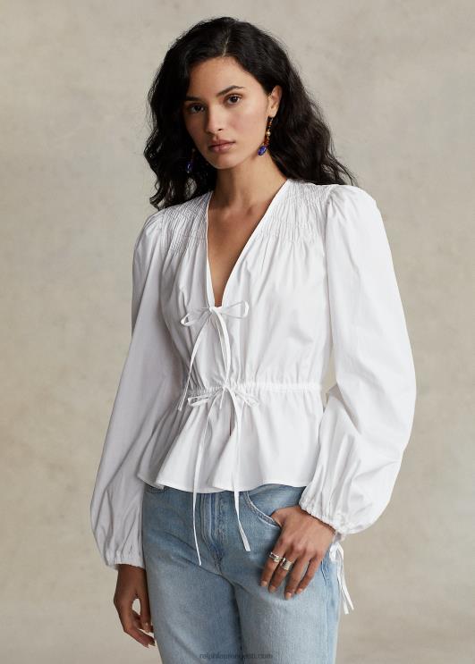 Ralph Lauren naised Smokitud nöör-peplumipuuvillane topp PR0V3033 valge