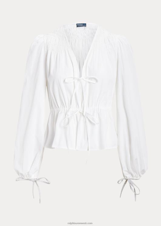 Ralph Lauren naised Smokitud nöör-peplumipuuvillane topp PR0V3033 valge