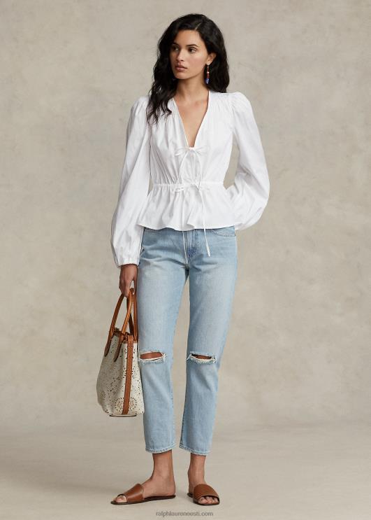 Ralph Lauren naised Smokitud nöör-peplumipuuvillane topp PR0V3033 valge