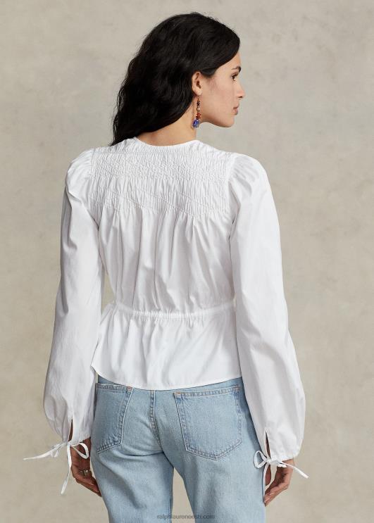 Ralph Lauren naised Smokitud nöör-peplumipuuvillane topp PR0V3033 valge