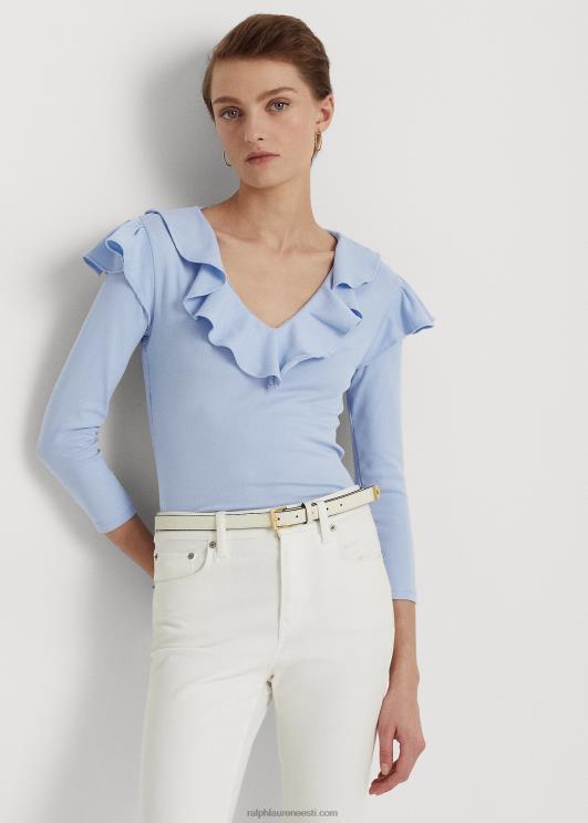 Ralph Lauren naised volangidega veniv puuvillane v-kaelusega topp PR0V4037 kiviklibu sinine