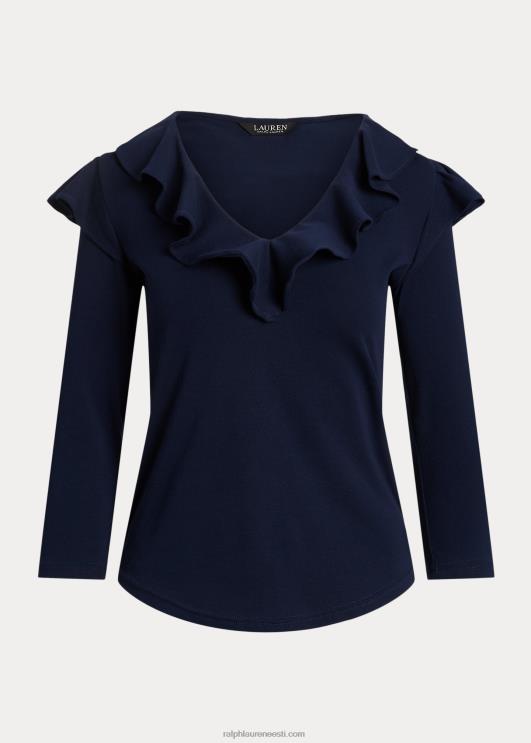 Ralph Lauren naised volangidega veniv puuvillane v-kaelusega topp PR0V4038 rafineeritud merevägi