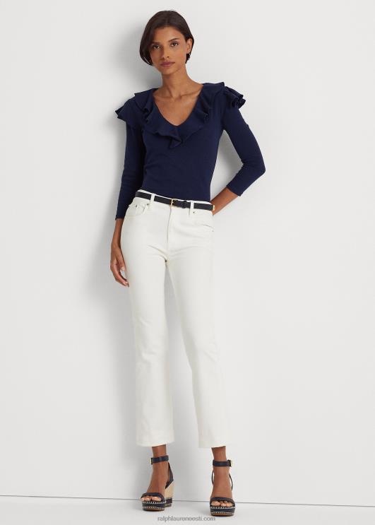 Ralph Lauren naised volangidega veniv puuvillane v-kaelusega topp PR0V4038 rafineeritud merevägi