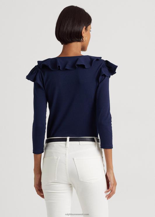 Ralph Lauren naised volangidega veniv puuvillane v-kaelusega topp PR0V4038 rafineeritud merevägi