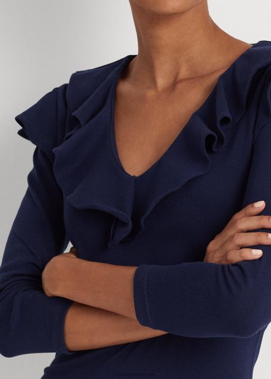 Ralph Lauren naised volangidega veniv puuvillane v-kaelusega topp PR0V4038 rafineeritud merevägi