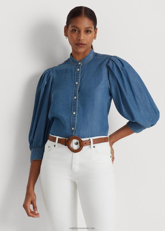 Ralph Lauren naised chambray pluus-varrukatega särk PR0V4026 soolaoja pesemine