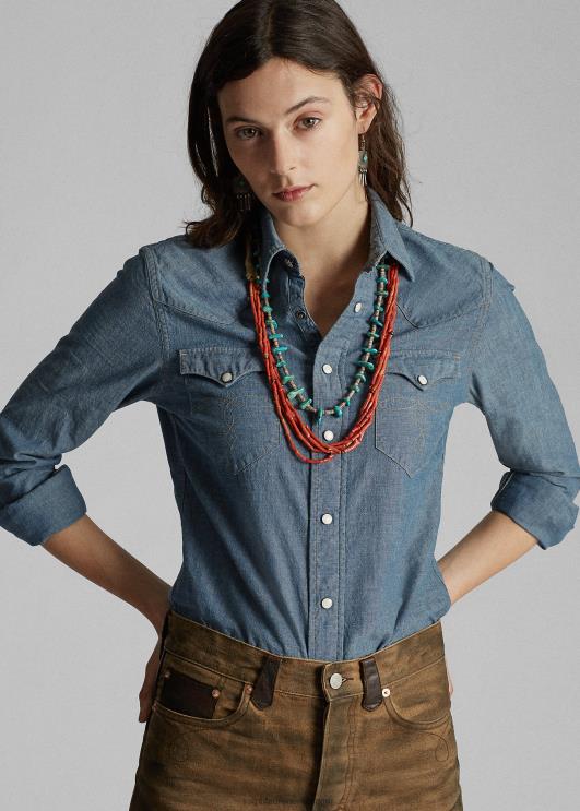 Ralph Lauren naised indigo chambray lääne särk PR0V3608 loputama