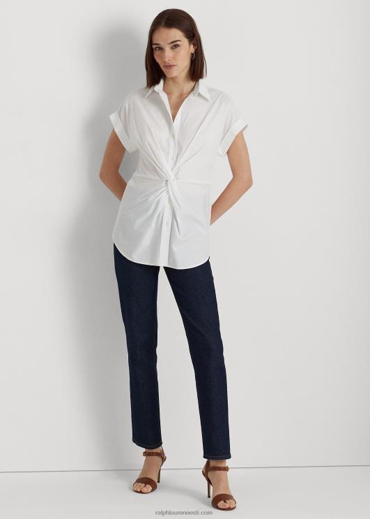 Ralph Lauren naised keeratava esiosaga puuvillane lühikeste varrukatega särk PR0V4456 valge