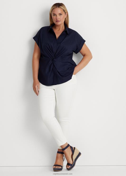 Ralph Lauren naised keeratava esiosaga puuvillane lühikeste varrukatega särk PR0V4625 rafineeritud merevägi