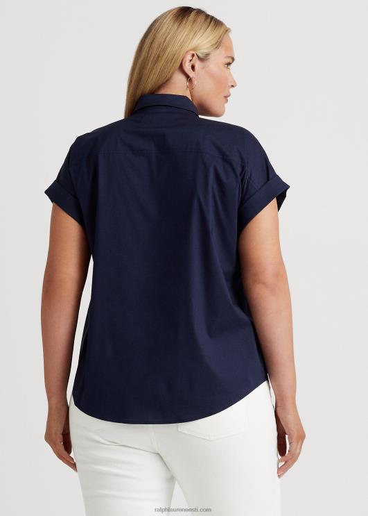 Ralph Lauren naised keeratava esiosaga puuvillane lühikeste varrukatega särk PR0V4625 rafineeritud merevägi