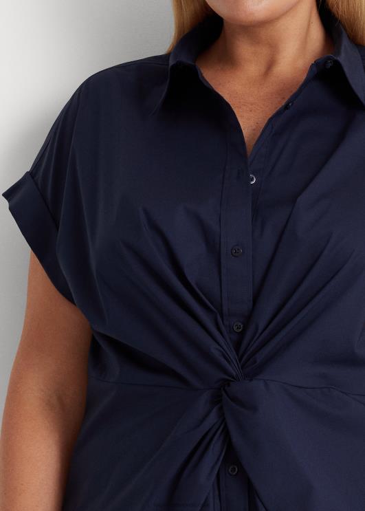 Ralph Lauren naised keeratava esiosaga puuvillane lühikeste varrukatega särk PR0V4625 rafineeritud merevägi