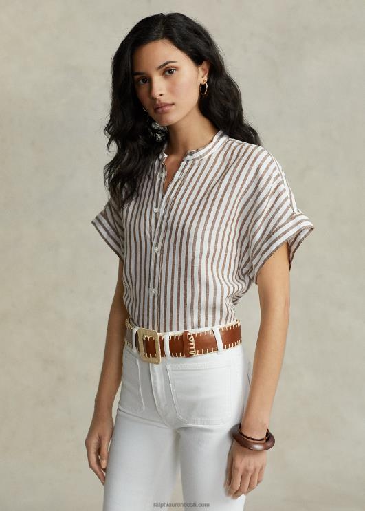 Ralph Lauren naised lõdvestunud linane lühikeste varrukatega särk PR0V2916 jahimees pruun/valge triip