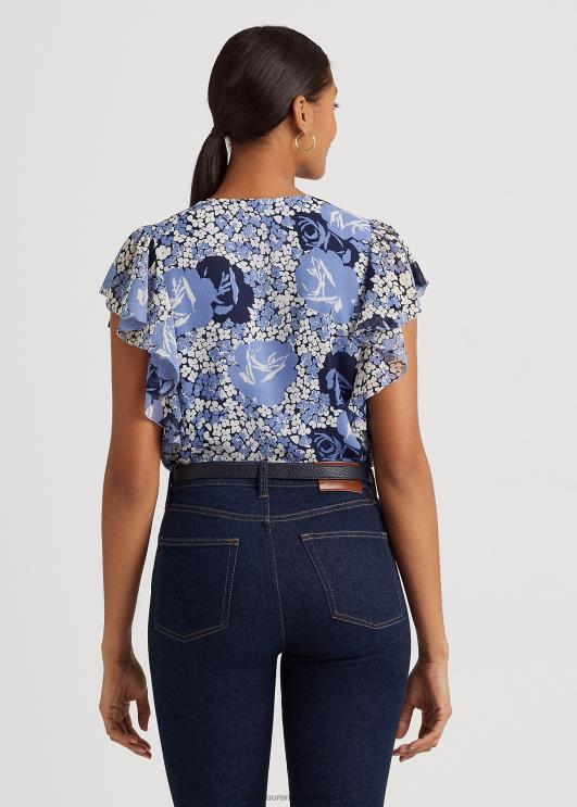 Ralph Lauren naised lilleline kortsus Georgette särk PR0V3973 sinine/kreem/merepunane