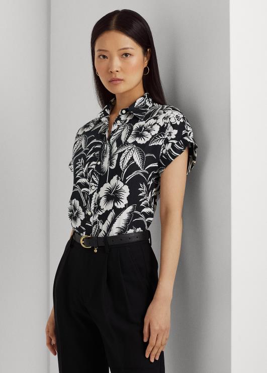 Ralph Lauren naised lilleline linane lühikeste varrukatega särk PR0V3857 must valge