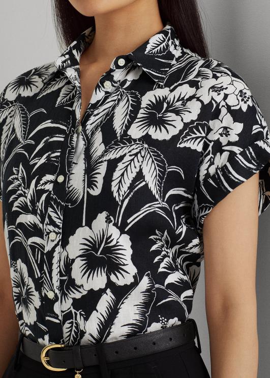 Ralph Lauren naised lilleline linane lühikeste varrukatega särk PR0V3857 must valge