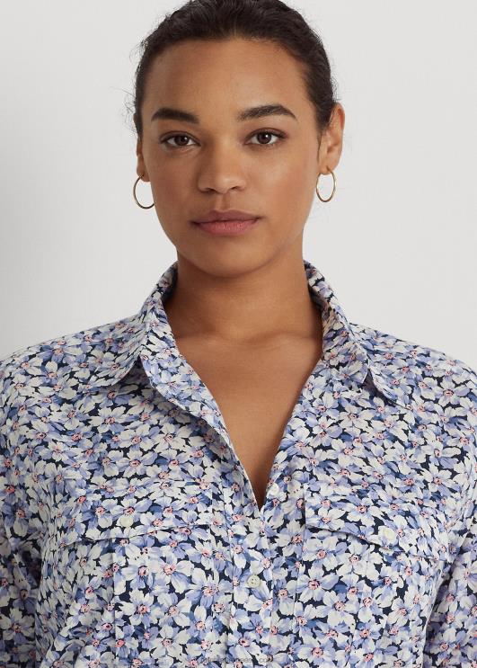 Ralph Lauren naised lilleline puuvillane voile särk PR0V4618 sinine/kreem/roosa